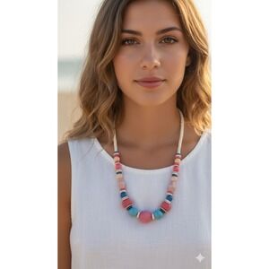 Boho Wood Bead Necklace Colorful Statement Jewelry‎ Funky Costume
